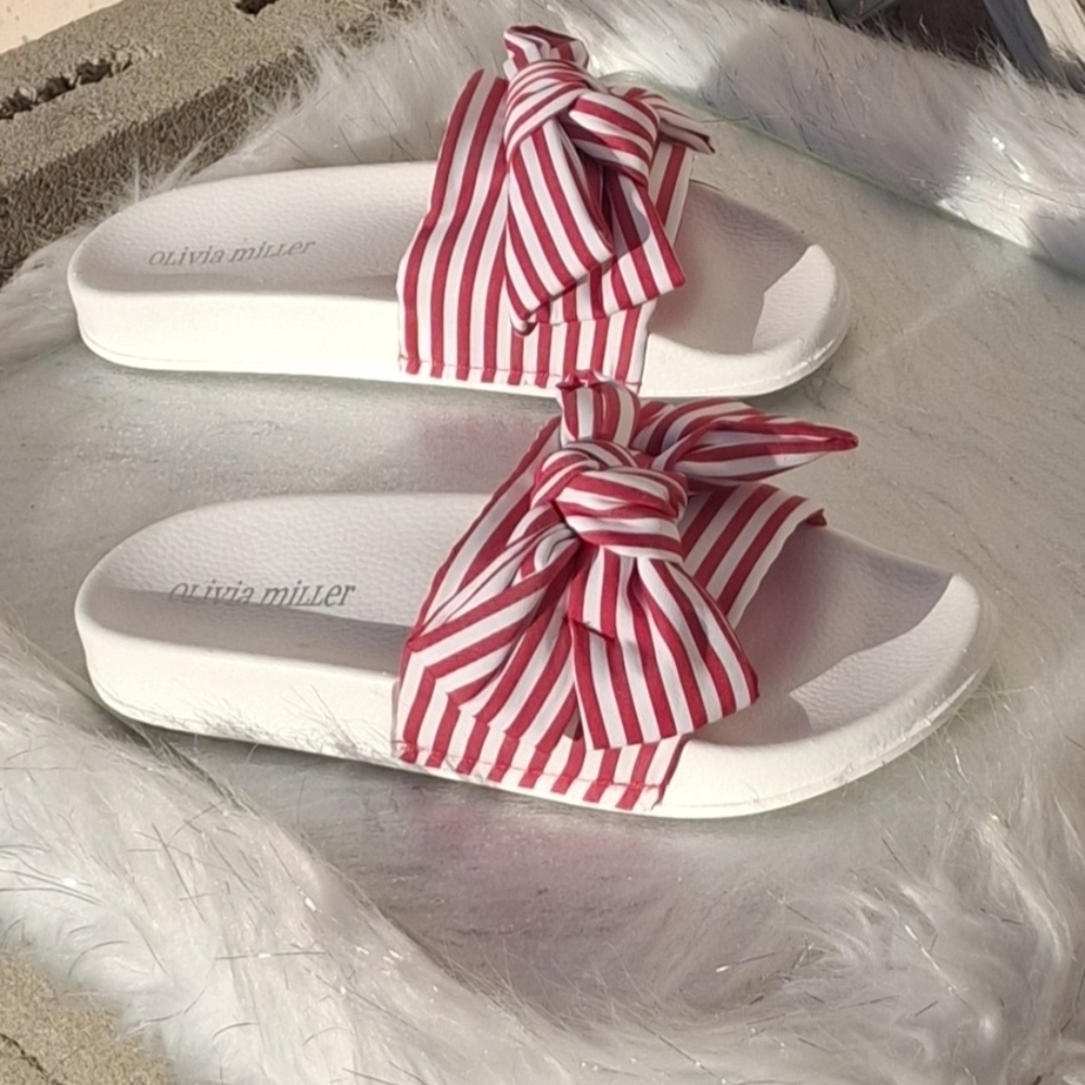 Olivia Miller Red and White Stripes Slip-On Low Wedge Sandals Women Size 6 - Picture 5 of 16